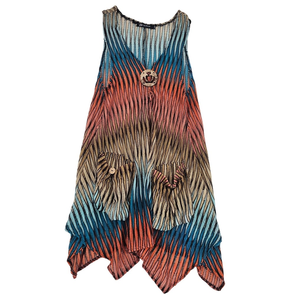 Paradise Ombre Chevron Knit Tunic Top Blue Orange Boho Handkerchief Hem S/M